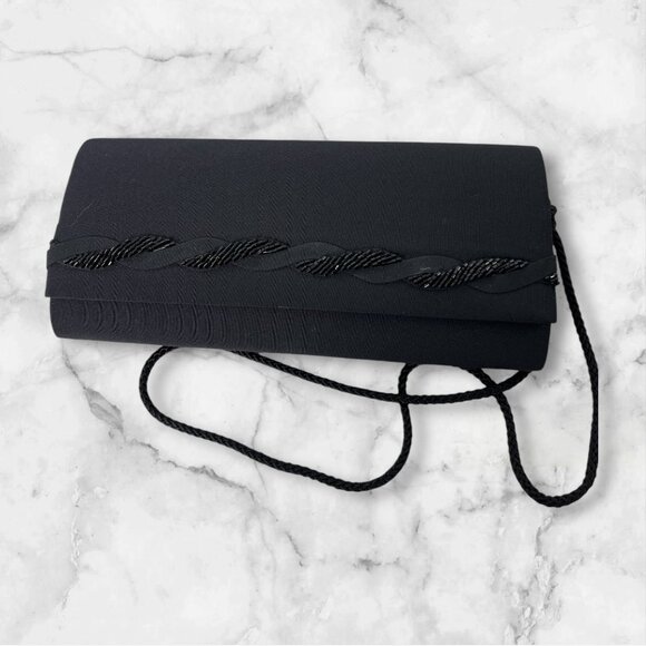 La Regale Vintage Black Satin Beaded Evening Clutch Purse With Shoulder Strap - Picture 2 of 7